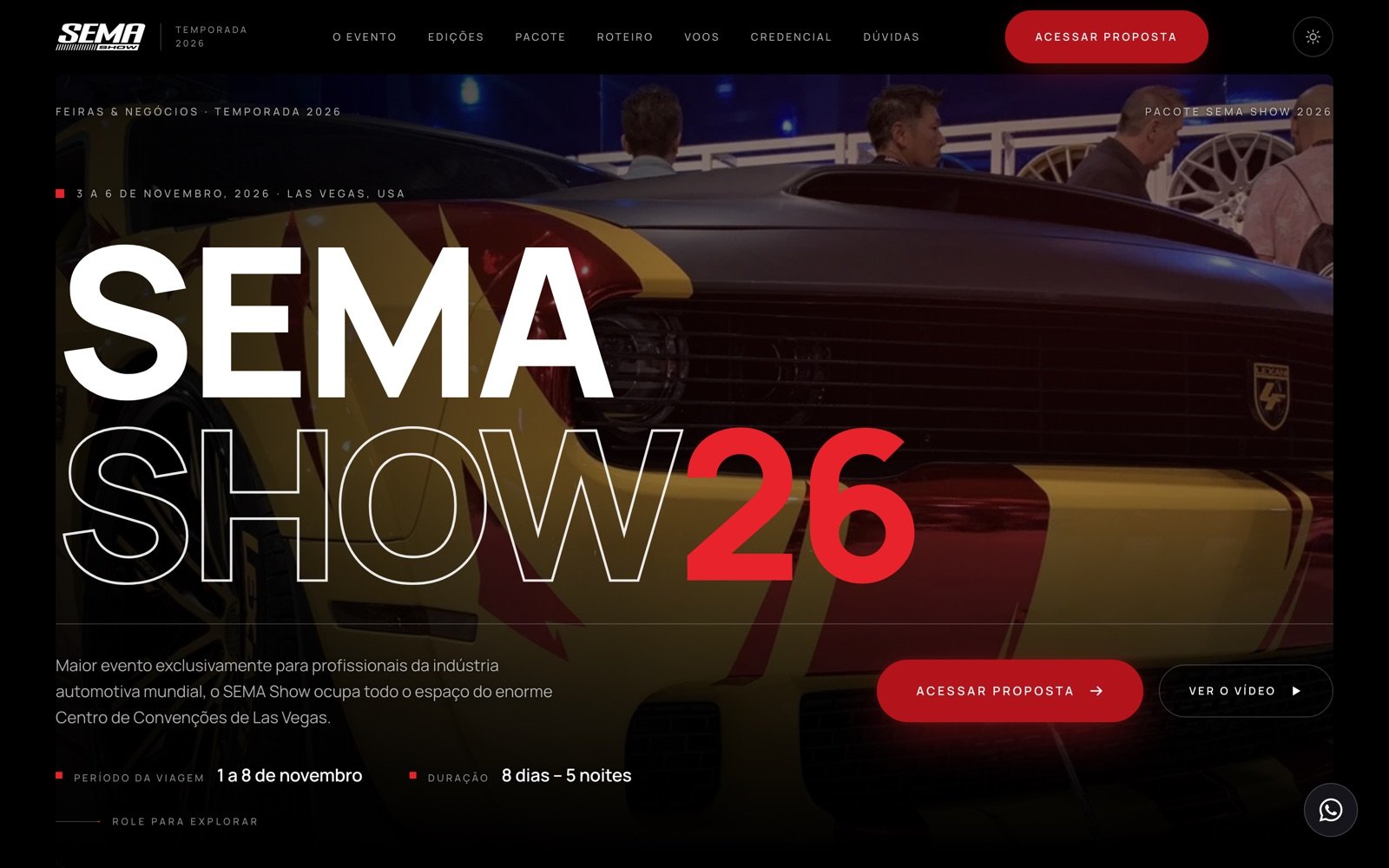 Página inicial do site do SEMA Show Las Vegas: carro de exposição ao fundo e o lettering 'SEMA Show 26' em destaque